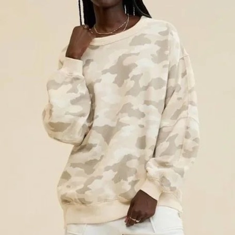 Aerie Camo Oversized Crew Neck Sweatshirt Tan Cream Large NWT